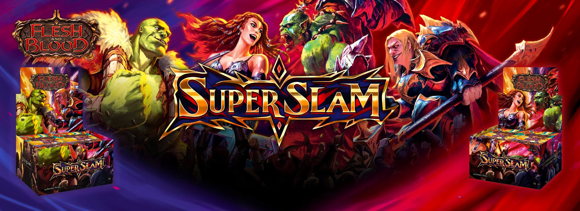 Promotional banner for 'Super Slam' with characters and game boxes on a vibrant background